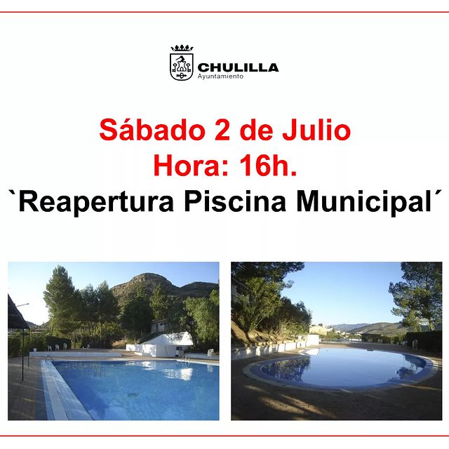 ¡Reapertura Piscina Municipal

Sábado 2 Julio. 16h

#chulilla